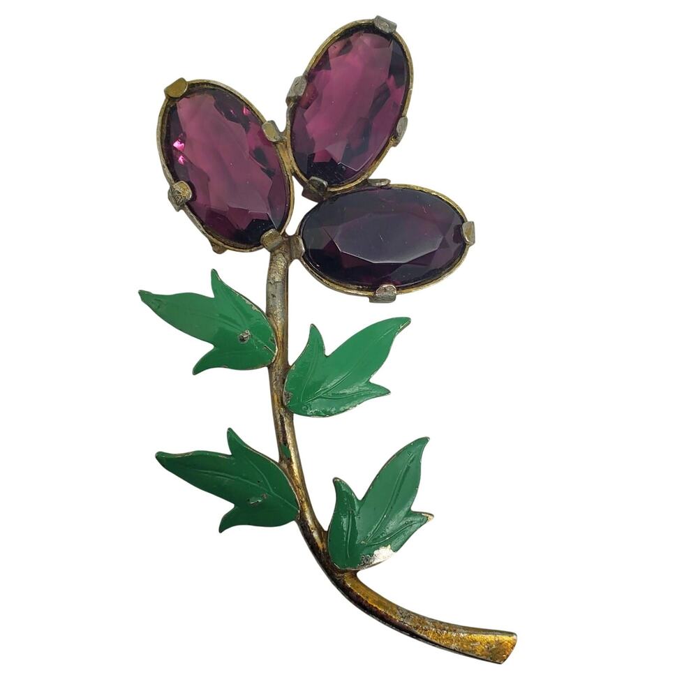 Purple‎ Flower Brooch Gold Tone Amethyst Glass Stone Green Enamel Pin Spring Vtg
